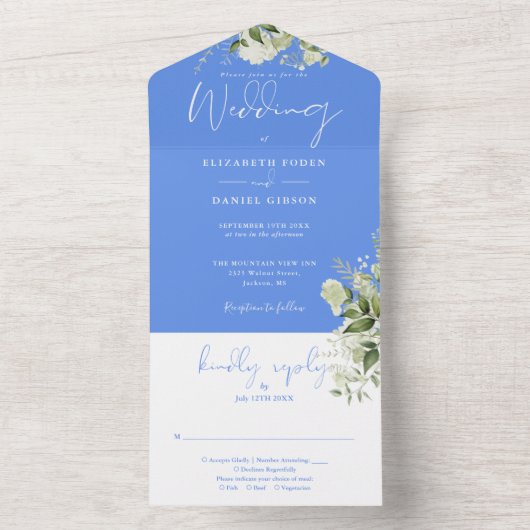 Korenbloem Blauw Bloemen Groen Monogram Huwelijk All In One Uitnodiging (Binnen)