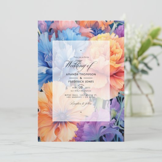 Korenbloem Blauw en Perzik Bloemen Bruiloft Kaart (Staand voorkant)