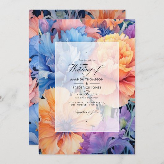 Korenbloem Blauw en Perzik Bloemen Bruiloft Kaart (Voorkant / Achterkant)