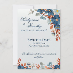 Korenbloem Blauw & Koper Bloemen Bruiloft Save The Date