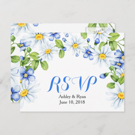 Korenbloem Blauw Wit Daisy Bloemen Bruiloft RSVP Uitnodiging Briefkaart (Voorkant / Achterkant)
