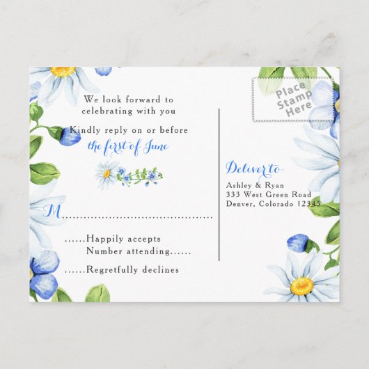 Korenbloem Blauw Wit Daisy Bloemen Bruiloft RSVP Uitnodiging Briefkaart (Achterkant)