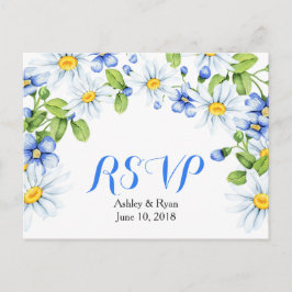 Korenbloem Blauw Wit Daisy Bloemen Bruiloft RSVP Uitnodiging Briefkaart