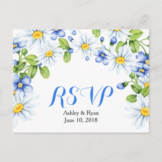 Korenbloem Blauw Wit Daisy Bloemen Bruiloft RSVP Uitnodiging Briefkaart (Voorkant)
