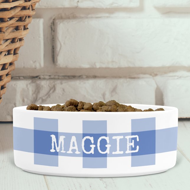 Korenbloem Blauwe Gingham Geruite Gepersonaliseerd Voerbakje (Creator heeft geüpload)