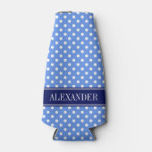 Korenbloem Blauwe Witte Stippen Navy Naam Monogram Flesjeskoeler (Voorkant)