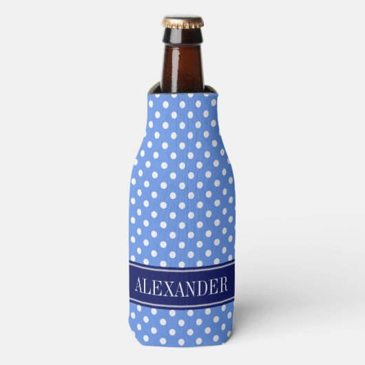 Korenbloem Blauwe Witte Stippen Navy Naam Monogram Flesjeskoeler (Fles Voorkant)