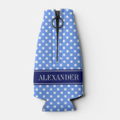 Korenbloem Blauwe Witte Stippen Navy Naam Monogram Flesjeskoeler (Achterkant)