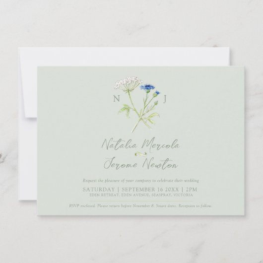 Korenbloem hartwort botanisch groen blauw bruiloft kaart (Voorkant)