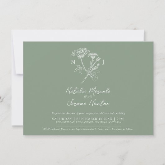 Korenbloem hartwort botanisch groen wit bruiloft kaart (Voorkant)