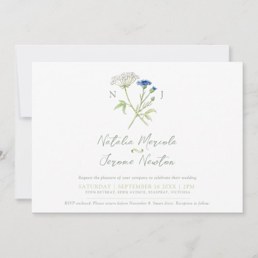 Korenbloem hartwort botanische witte groene bruilo kaart (Voorkant)