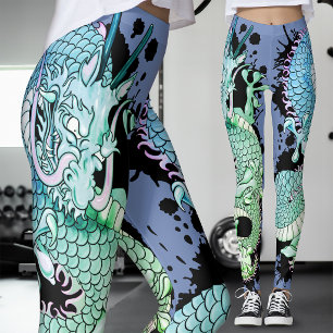 Korenbloemblauw en groene spetterende draken-tatoe leggings