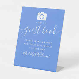 Korenbloemblauw modern schrift foto gastenboek reclamebord met voetstuk