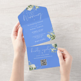 Korenbloemblauwe Groene QR-code Monogram Bruiloft All In One Uitnodiging