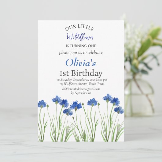Korenbloemen 1e Eerste Verjaardag Meisje Blauw Blo Kaart (Staand voorkant)