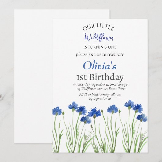 Korenbloemen 1e Eerste Verjaardag Meisje Blauw Blo Kaart (Voorkant / Achterkant)