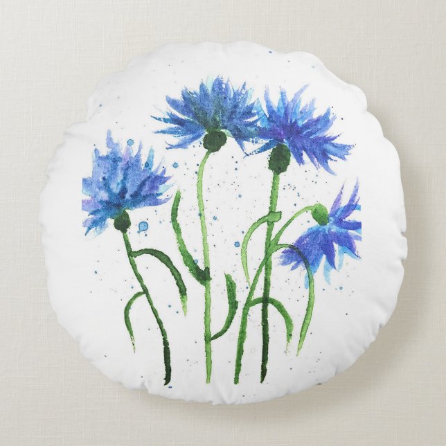 Korenbloemen blauw bloemen waterverf Zomer Trendy Rond Kussen (Voorkant)