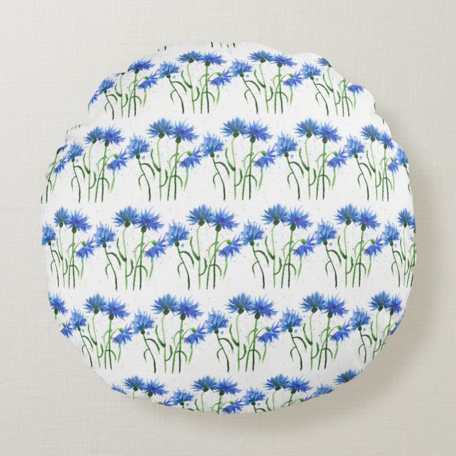 Korenbloemen blauw waterverf Patroon Rond Kussen (Voorkant)