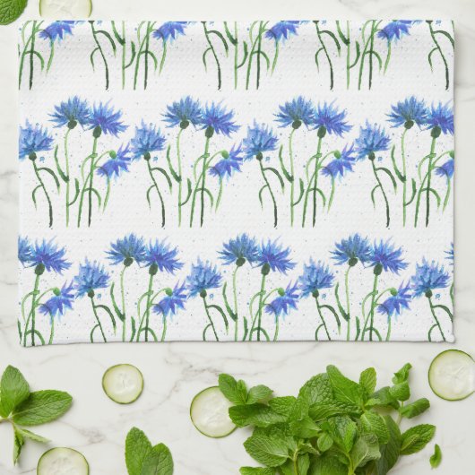 Korenbloemen blauw waterverf Patroon Theedoek (Gevouwen)