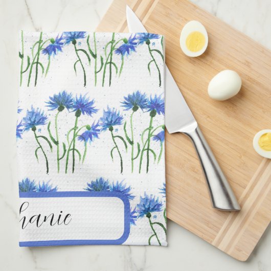 Korenbloemen blauw waterverf Patroon Theedoek (Quarter Fold)