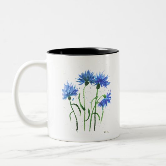 Korenbloemen blauwe bloemen aquarel rustiek modern tweekleurige koffiemok (Links)