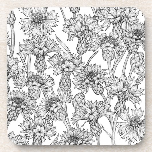 Kornbloemen, wilde bloemen, zwart-wit bier onderzetter (Voorkant)