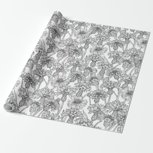 Kornbloemen, wilde bloemen, zwart-wit cadeaupapier (Uitgerold)