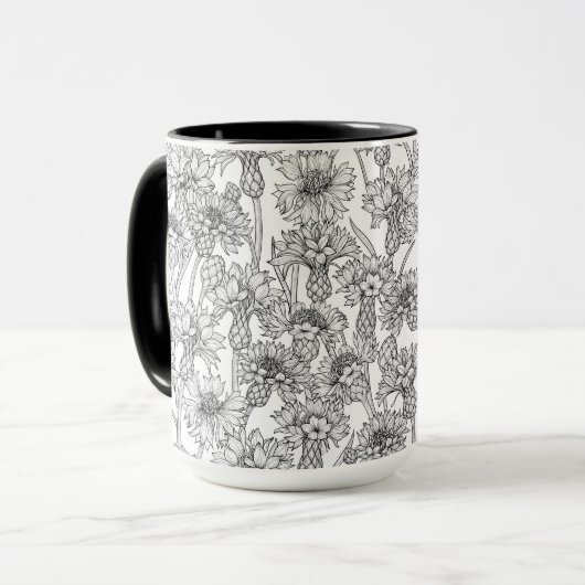 Kornbloemen, wilde bloemen, zwart-wit mok (Voorkant links)