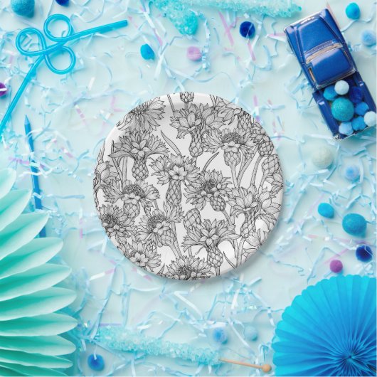 Kornbloemen, wilde bloemen, zwart-wit papieren bordje (Feest)