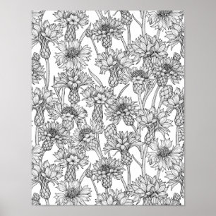 Kornbloemen, wilde bloemen, zwart-wit poster