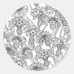 Kornbloemen, wilde bloemen, zwart-wit ronde sticker