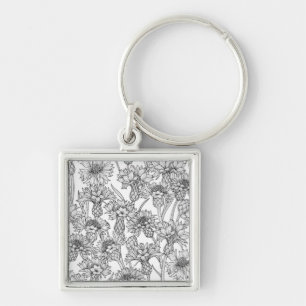 Kornbloemen, wilde bloemen, zwart-wit sleutelhanger