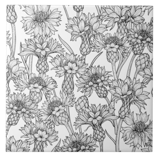 Kornbloemen, wilde bloemen, zwart-wit tegeltje (Voorkant)