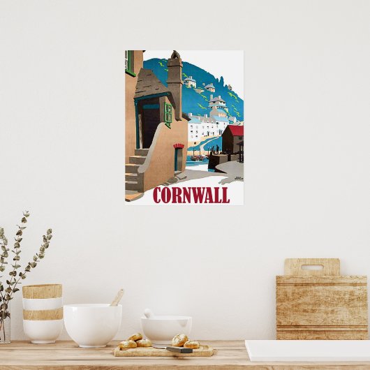 Kornwall, haven en huizen op de heuvel,  poster (Keuken)