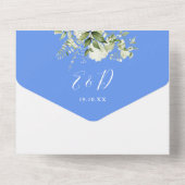 Koronblauw bloemige groene monogram bruiloft all in one uitnodiging (Achterkant)