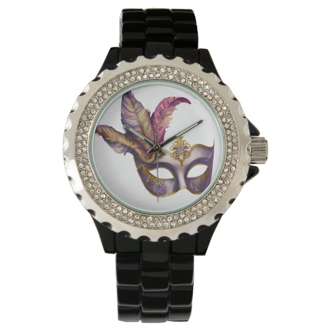 KORTE COLORED MARDI GRAS FACE MASKS HORLOGE (Voorkant)