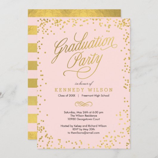 Korte Confetti Graduation Party Invitation Roze Kaart (Voorkant / Achterkant)