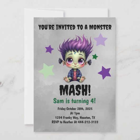 Korte haar monster mash verjaardagsfeestje kaart (Voorkant)