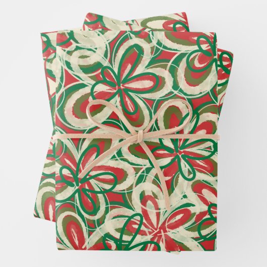 Korte kerstretro Floral Pattern Red Green Inpakpapier Vel (In situ)