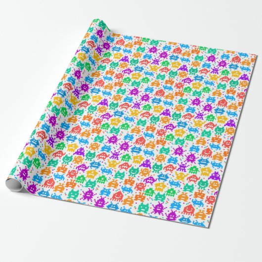 Korte kleurrijke pixelmonsters cadeaupapier (Uitgerold)