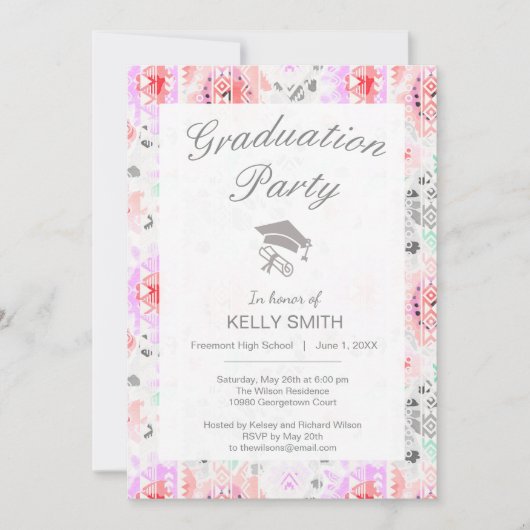 Korte pastel floral aztec graduatie party kaart (Voorkant)