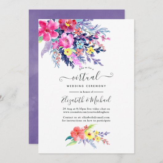 Korte Waterverf Floral Online Virtual Wedding Kaart (Voorkant / Achterkant)