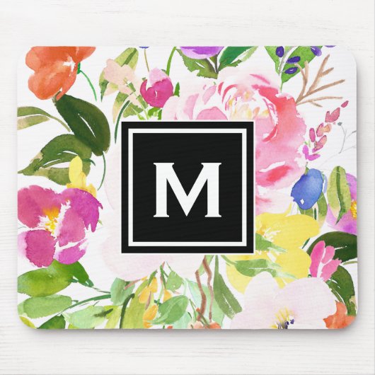 Korte Waterverf Voorjaarsbloei Floral Monogram Muismat (Voorkant)