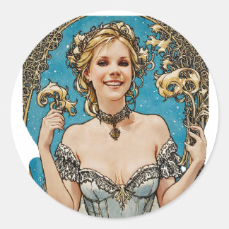 Kortharige Blonde V1 Mucha Style Art Ronde Sticker