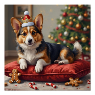 Kortharige Corgi-hond Kerstbrood met Santa-kroon K Perfect Poster