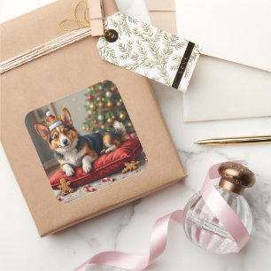 Kortharige Corgi-hond Kerstbrood met Santa-kroon K Vierkante Sticker