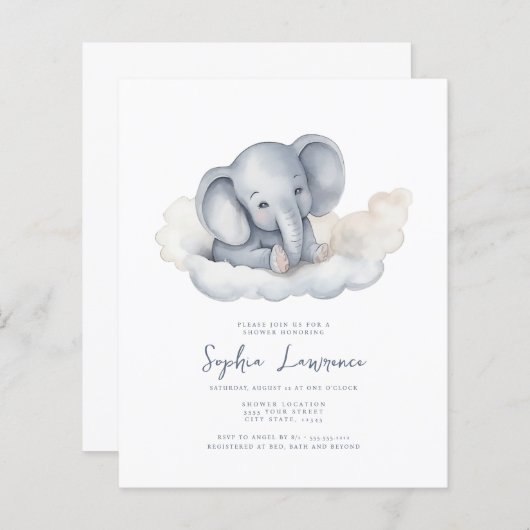 Korting Baby Olifant op een Baby shower Uitnodigin (Voorkant / Achterkant)