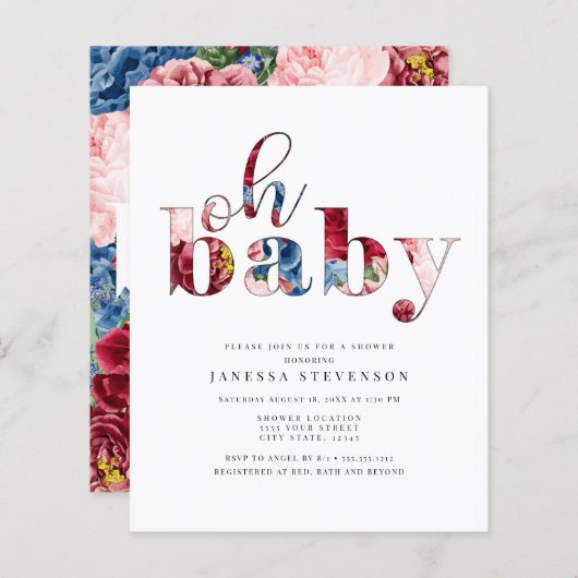 Korting Blauw en Rode Floral, Baby shower (Voorkant / Achterkant)