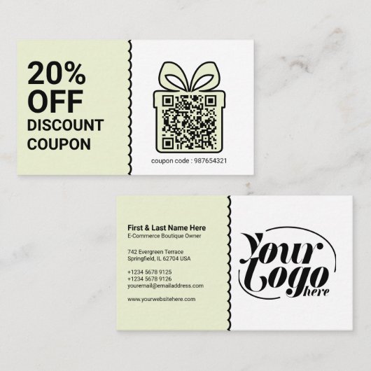 Korting Coupon QR Code groen Marketing Visitekaartje (Voorkant / Achterkant)