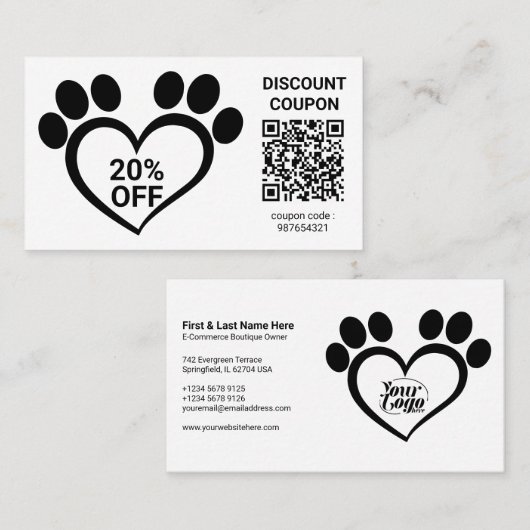 Korting Coupon QR Code Pet Paw Visitekaartje (Voorkant / Achterkant)